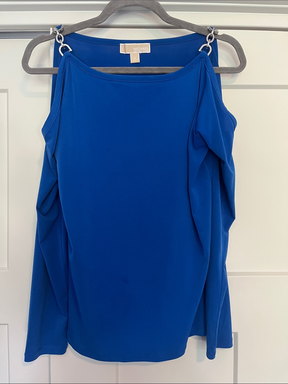 Michael Kors Blue Cold-Shoulder Long Sleeve Top with Chain Details